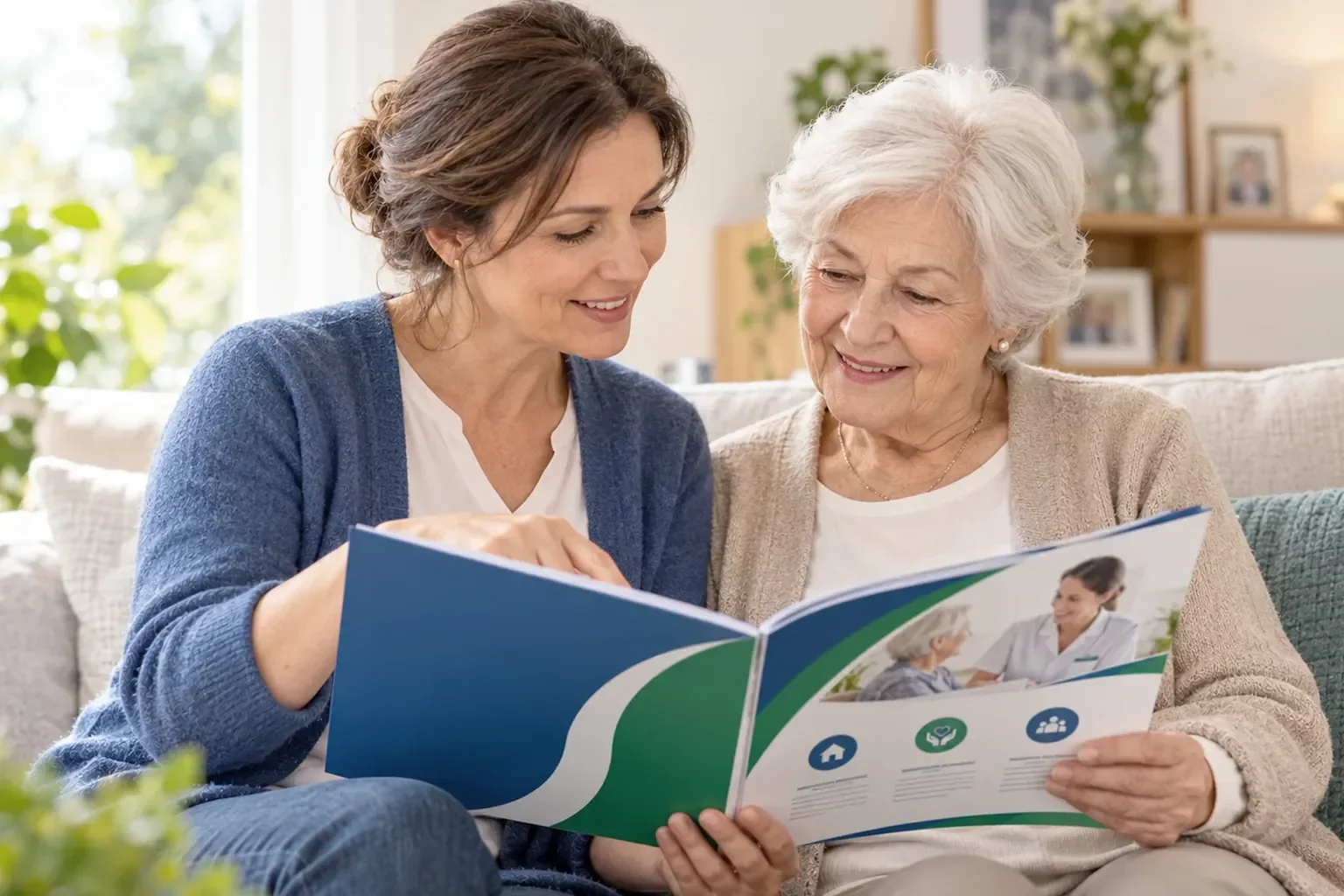Tochter und Mutter lesen gemeinsam eine Broschüre über Spitex-Leistungen