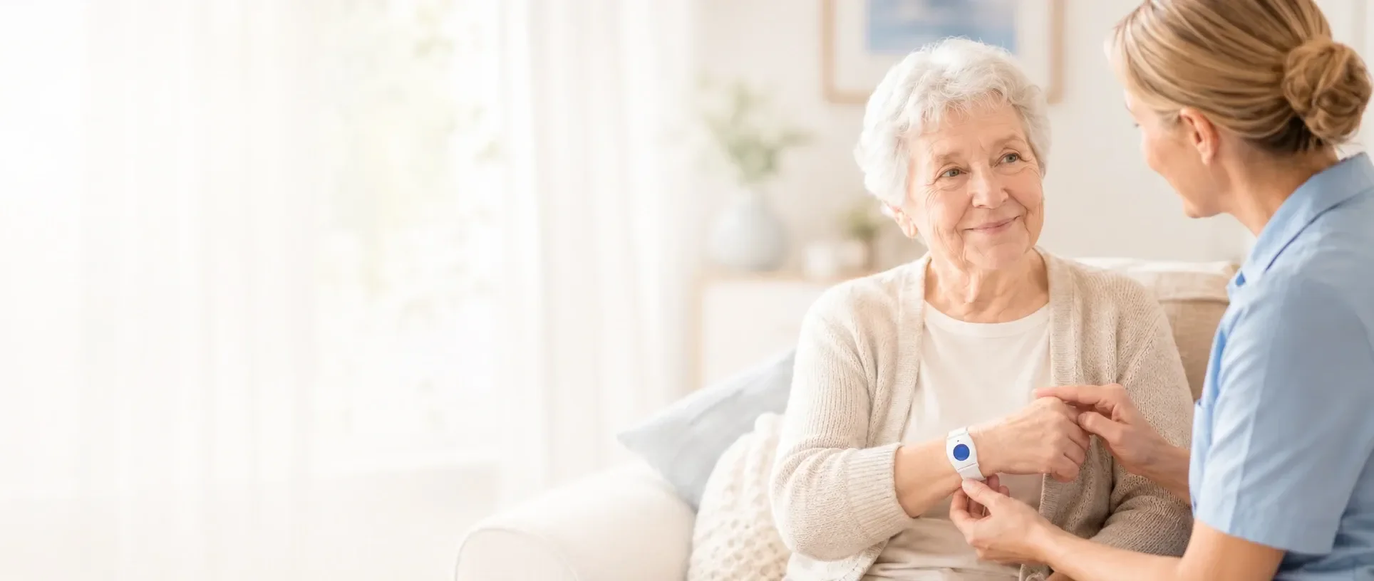 Pflegerin legt einer Seniorin die Limmex Notfalluhr an