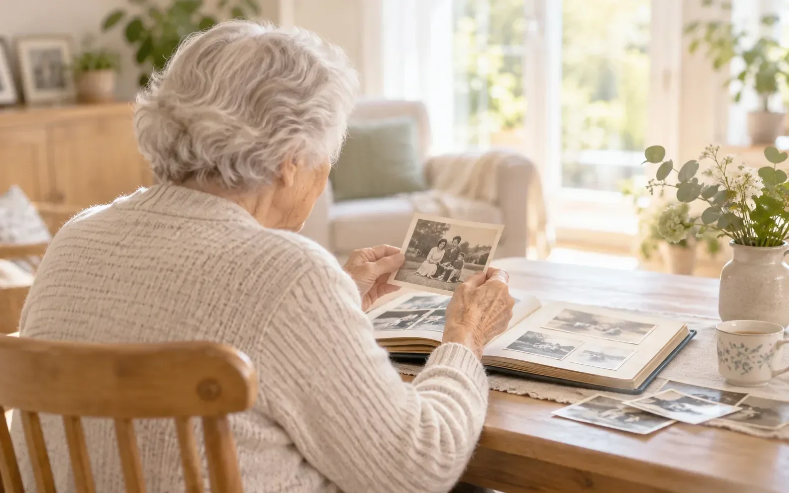 Seniorin mit Demenz betrachtet zu Hause alte Familienfotos im Album