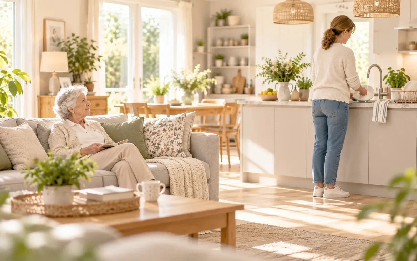 Seniorin ruht sich nach einem Herzinfarkt auf dem Sofa aus, die Tochter hilft in der Küche
