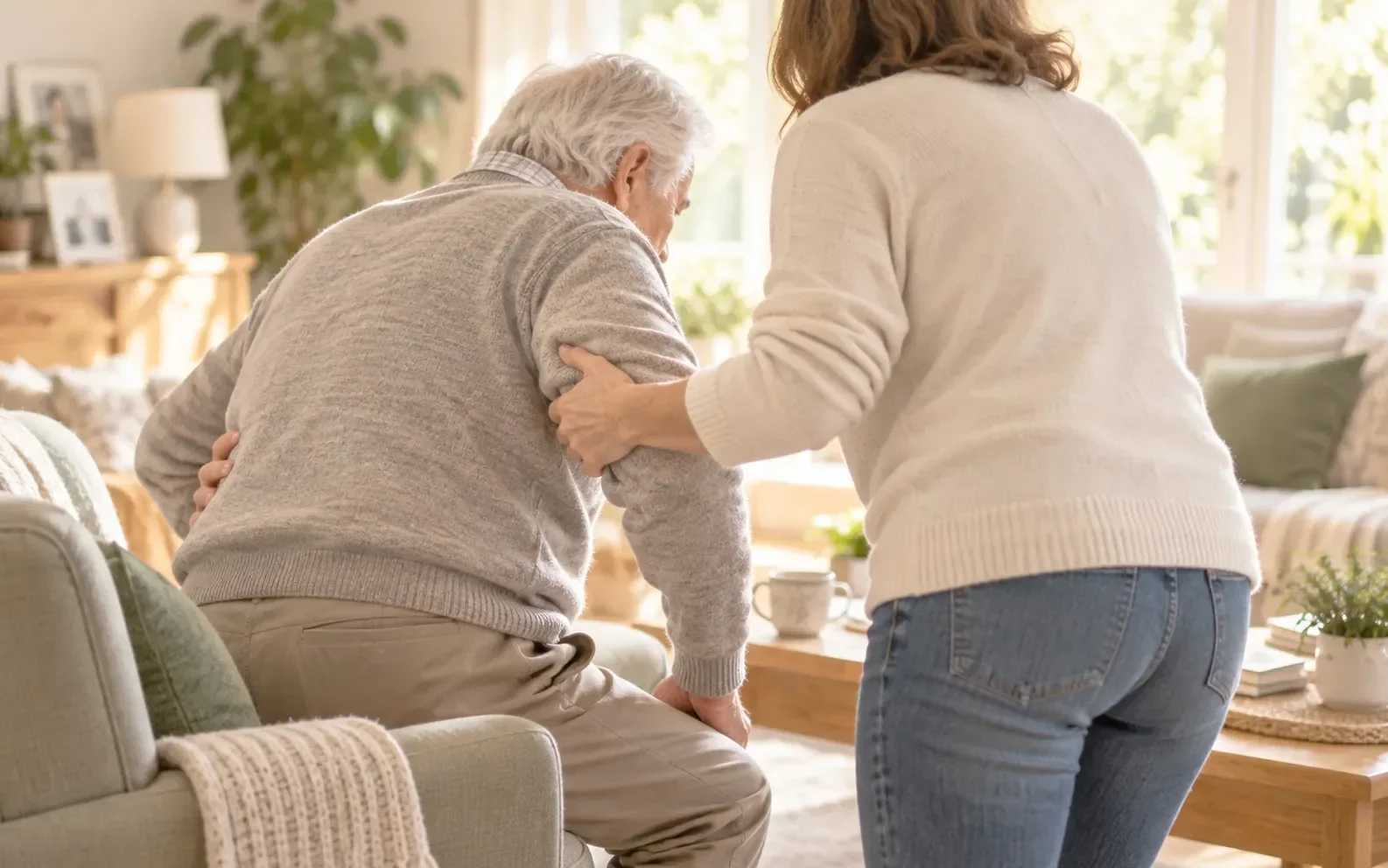 Angehörige hilft einem Senior nach einem Schlaganfall beim Aufstehen aus dem Sessel
