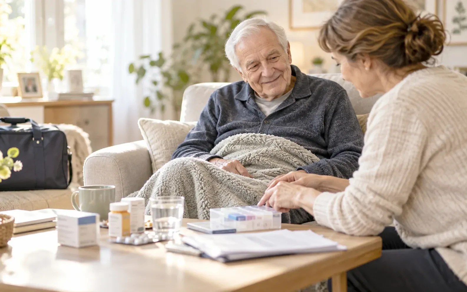 Tochter richtet einem Senior nach dem Spitalaustritt die Medikamente zu Hause