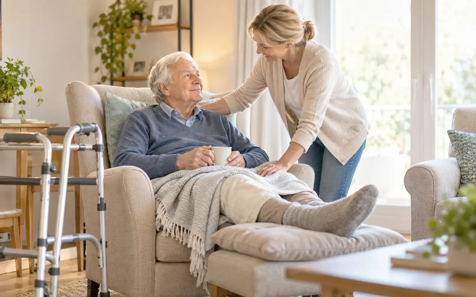 Senior mit hochgelagertem Bein und Rollator wird nach einem Sturz zu Hause umsorgt