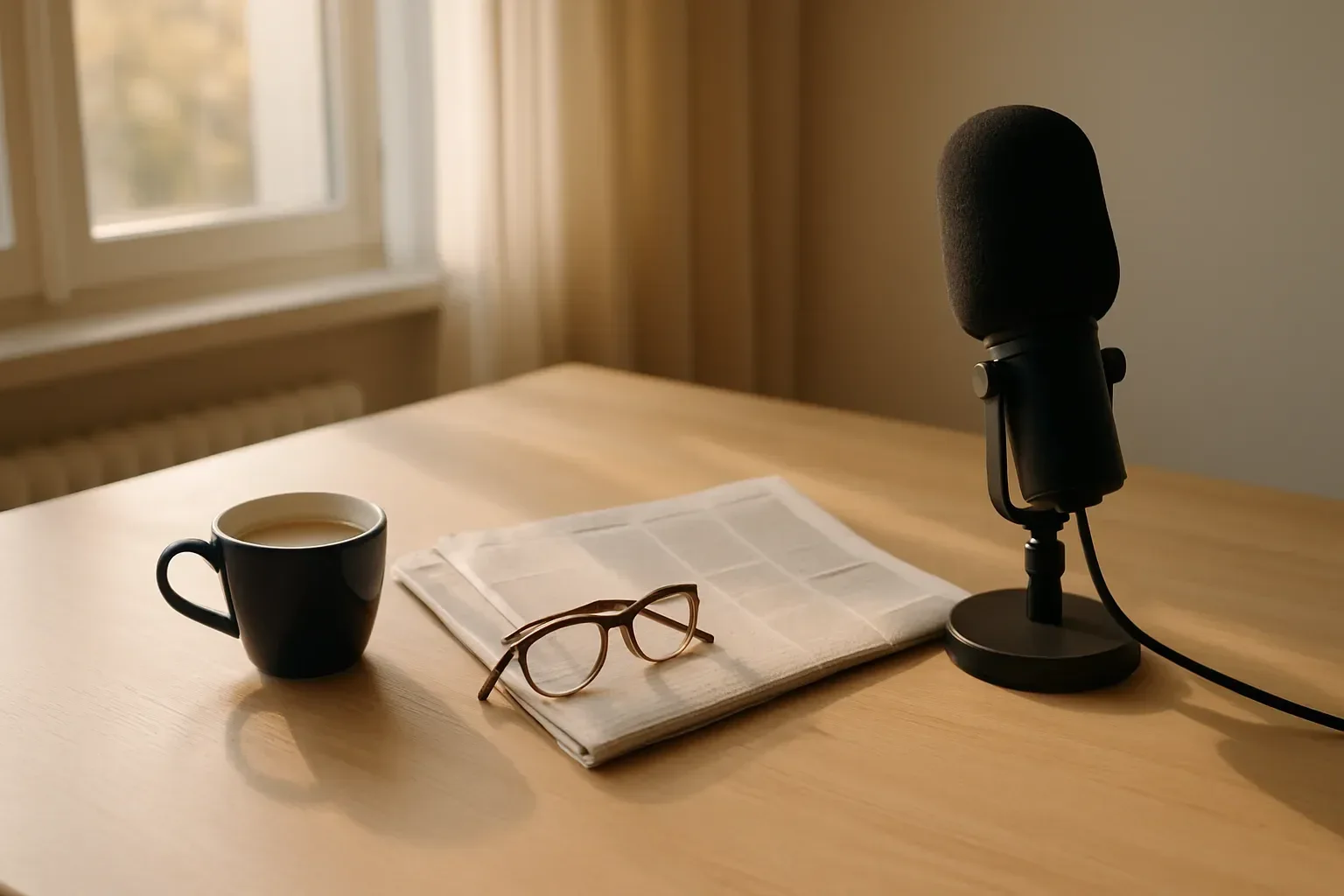 Studiomikrofon, Tageszeitung und Kaffeetasse auf einem Holztisch im Morgenlicht – PRICA in den Medien