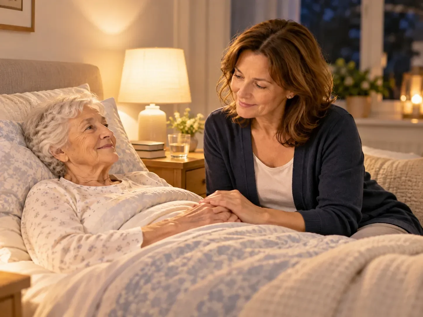 Angehörige hält einer Seniorin am Abend im Bett die Hand – Betreuung rund um die Uhr