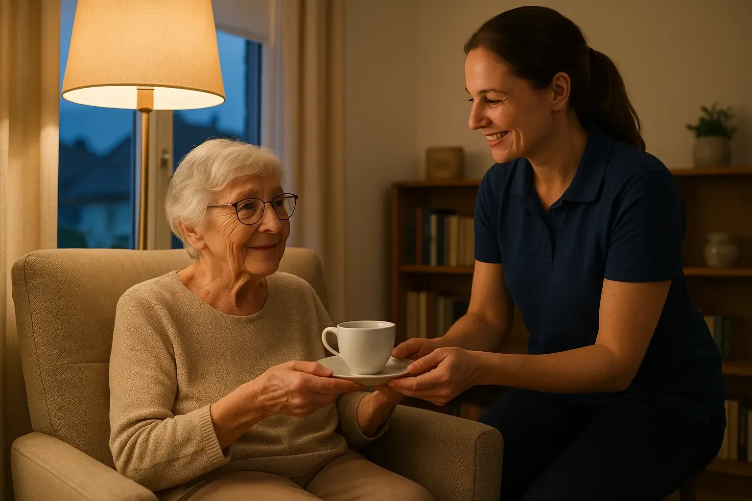 Betreuerin reicht einer Seniorin am Abend eine Tasse Tee im Wohnzimmer