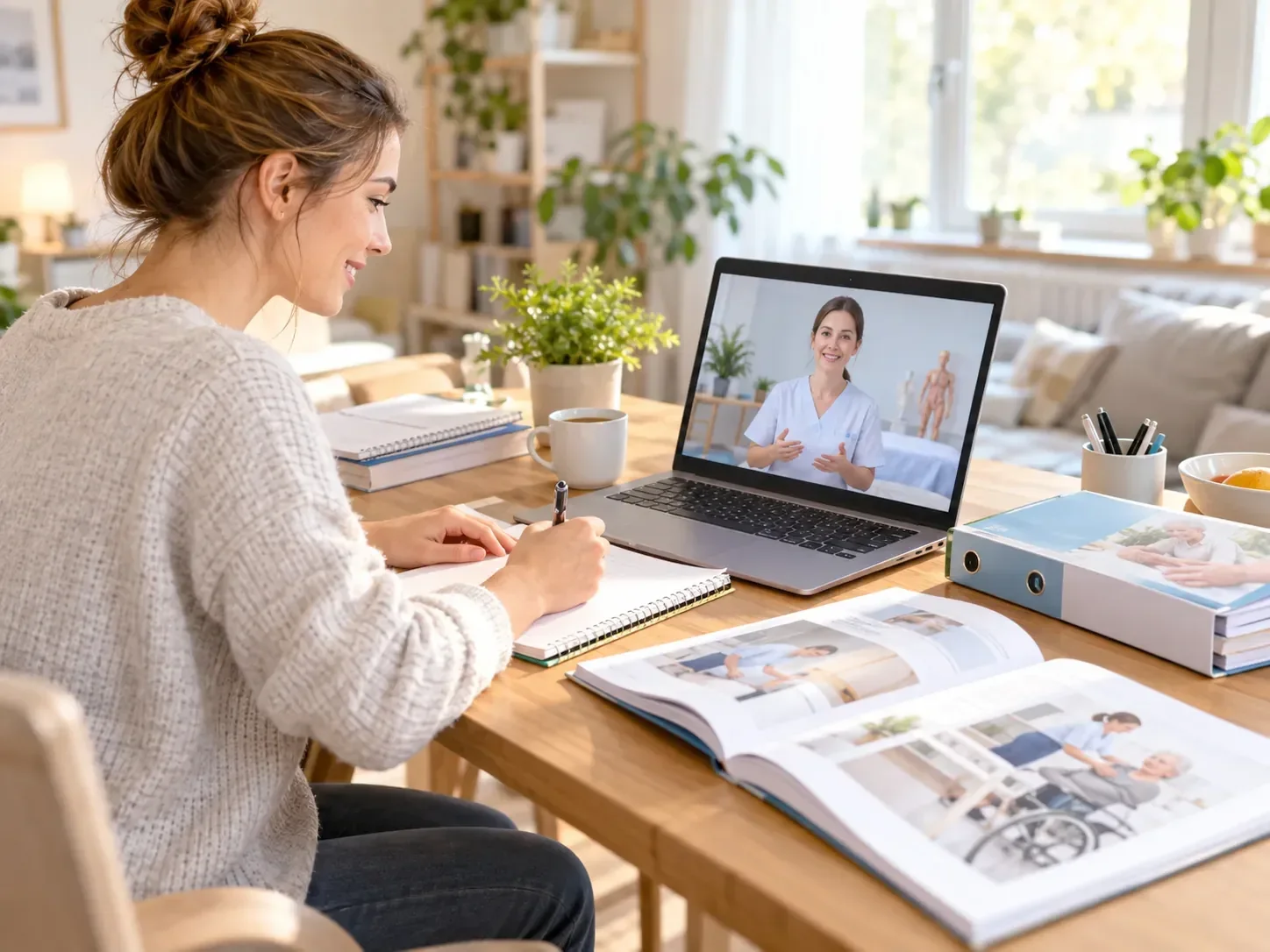 Angehörige lernt am Laptop im Pflegehelferkurs, eine Pflegefachfrau erklärt per Video